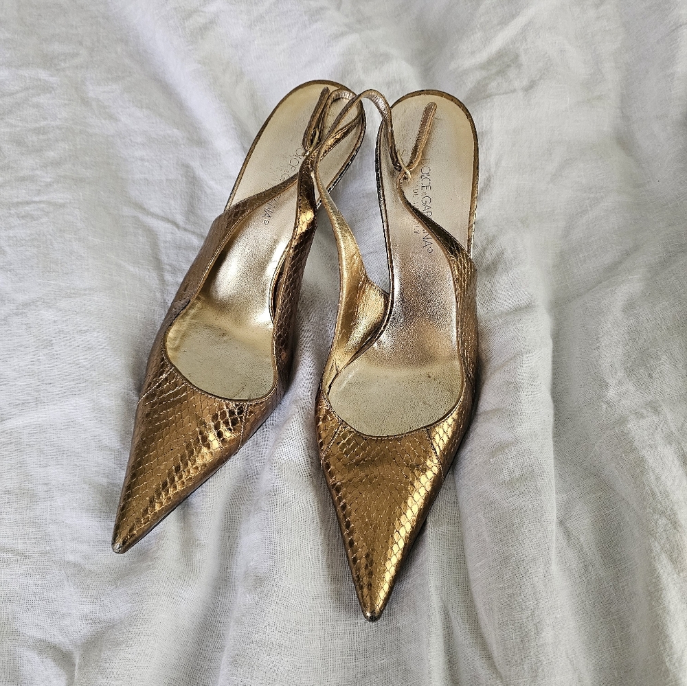 Dolce & Gabbana Gold Snakeskin Slingback Heels 3 1/2 Inch